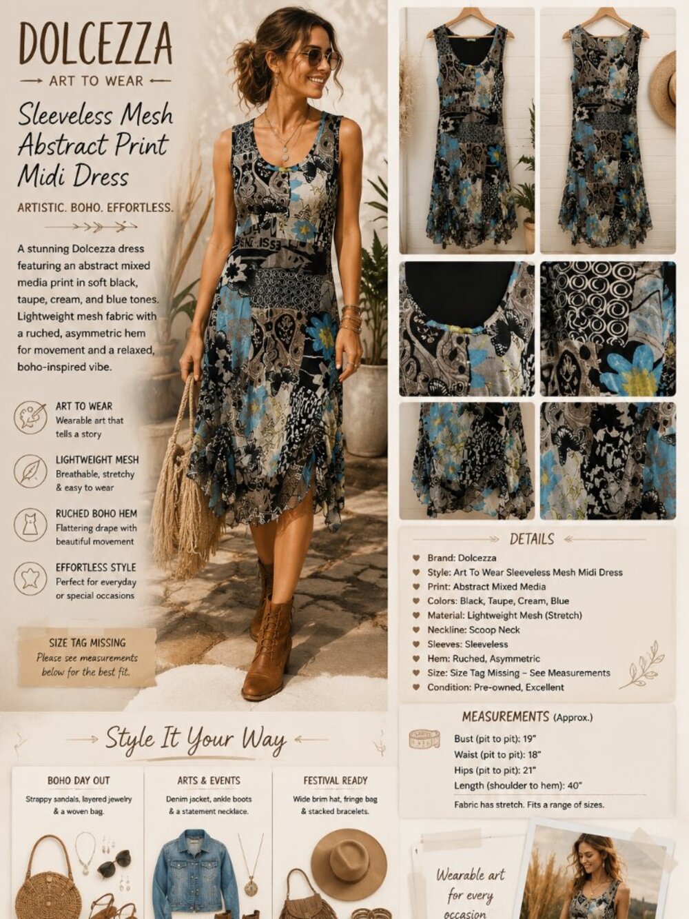 Dolcezza Dress Art To Wear Sleeveless Mesh Abstract Midi Boho Ruched Vintage
